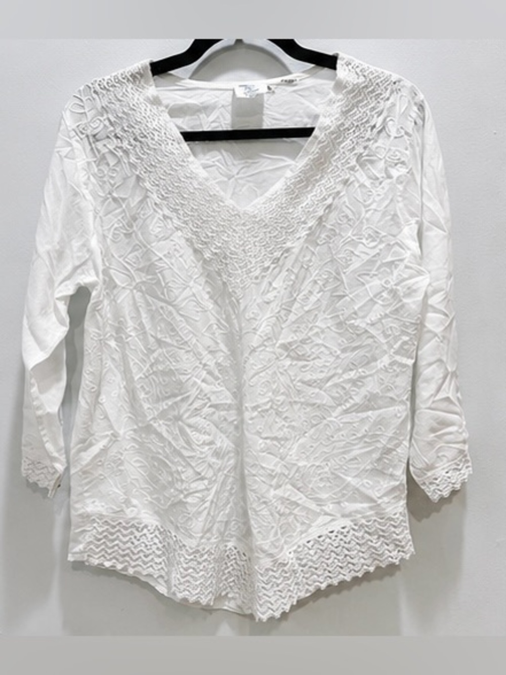 Shubham White Embroidered Cotton Boho Tunic Blouse V-neck Size Large